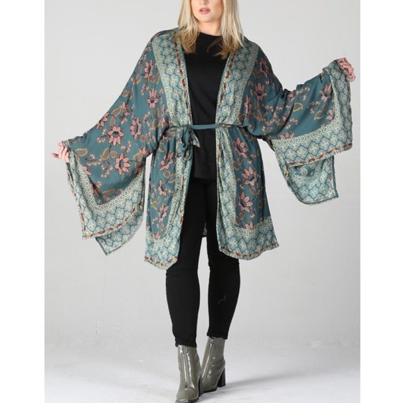 Tops - Plus Size Boho Gypsy Floral Wide Sleeve Kimono Cardigan Duster